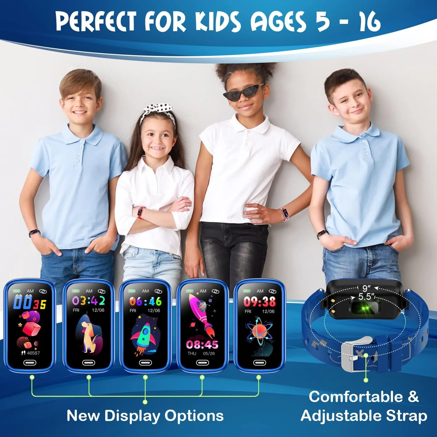 Inspiratek Kids Fitness Tracker for Age 5-16，2022 Upgraded Tracker Kids Watch，Waterproof Watch for Kids with Pedometer，Sleep Monitor & Calorie Counter，Fitness Watch for Kids Girls Boys Teen (Blue)