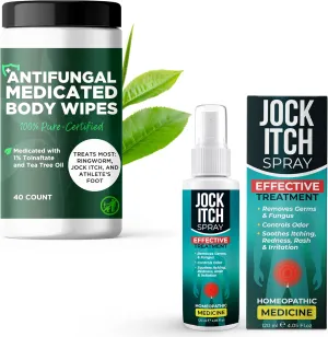 Jock Itch Spray for Groin & Inner Thighs   Medicated Antifungal Body Wipes | Soothes Itchy Skin, Ringworm, Intertrigo & Athlete’s Foot | Fast Absorption   1% Tolnaftate & Tea Tree Oil | 40 Wipes