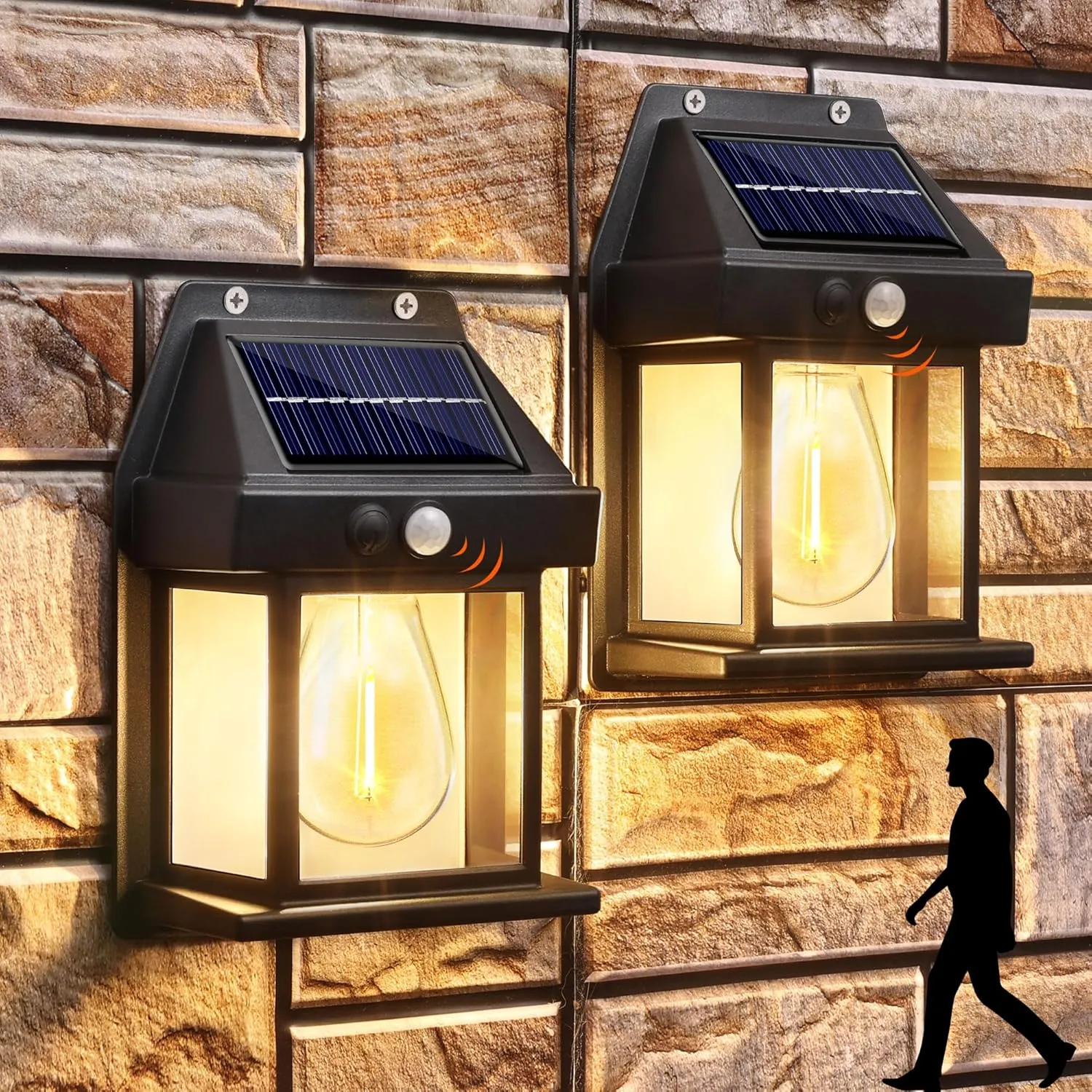 Joomer Solar Wall Lights Outdoor 2PACK,Solar Wall Lantern with 3 Modes & Motion Sensor,Dusk to Dawn Porch Lights Fixture,Waterproof Exterior Lighting with Clear Panel for Entryway Front Door