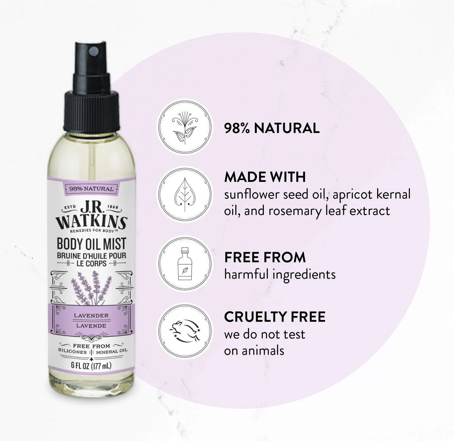 J.R. Watkins Natural Hydrating Body Oil Mist, Moisturizing Body Oil Spray for Glowing Skin, USA Made and Cruelty-Free, Lavender, 6 fl oz, Single (Pack of 3)
