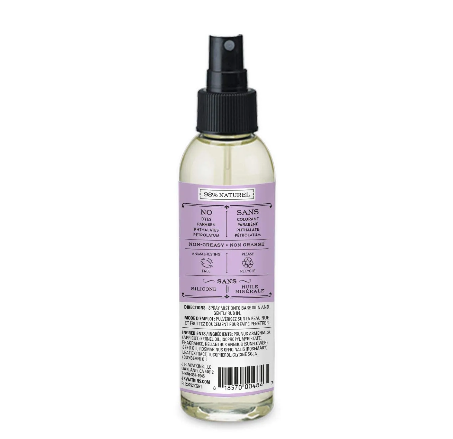 J.R. Watkins Natural Hydrating Body Oil Mist, Moisturizing Body Oil Spray for Glowing Skin, USA Made and Cruelty-Free, Lavender, 6 fl oz, Single (Pack of 3)