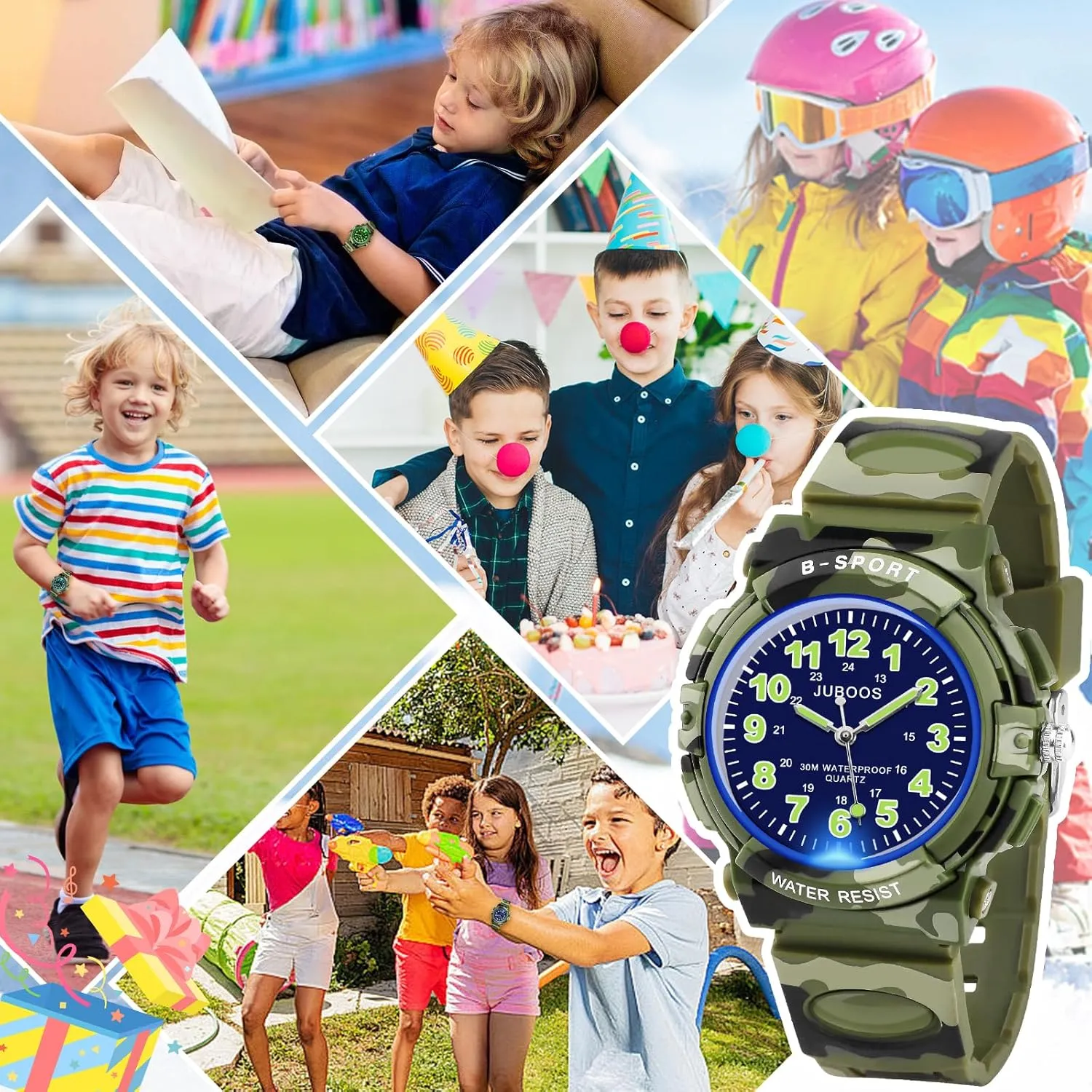 Juboos Kids Watch Analog with 7 Colorful Night Lights Boys Girls Waterproof Soft Strap Kids Time Teaching Quartz Wristwatch for Ages 5-18