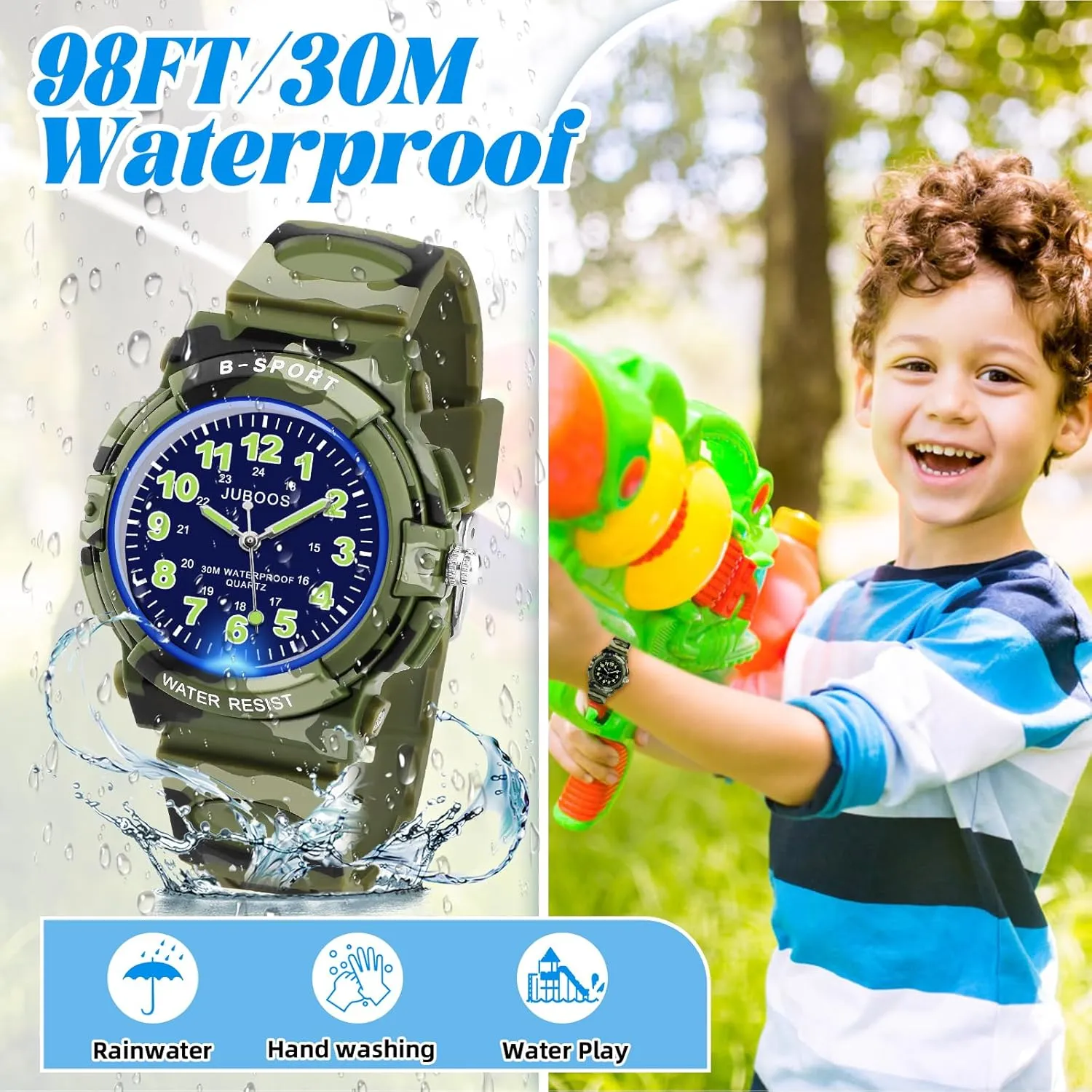 Juboos Kids Watch Analog with 7 Colorful Night Lights Boys Girls Waterproof Soft Strap Kids Time Teaching Quartz Wristwatch for Ages 5-18