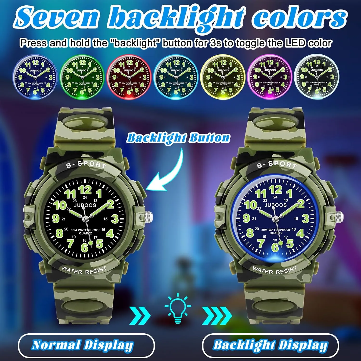 Juboos Kids Watch Analog with 7 Colorful Night Lights Boys Girls Waterproof Soft Strap Kids Time Teaching Quartz Wristwatch for Ages 5-18