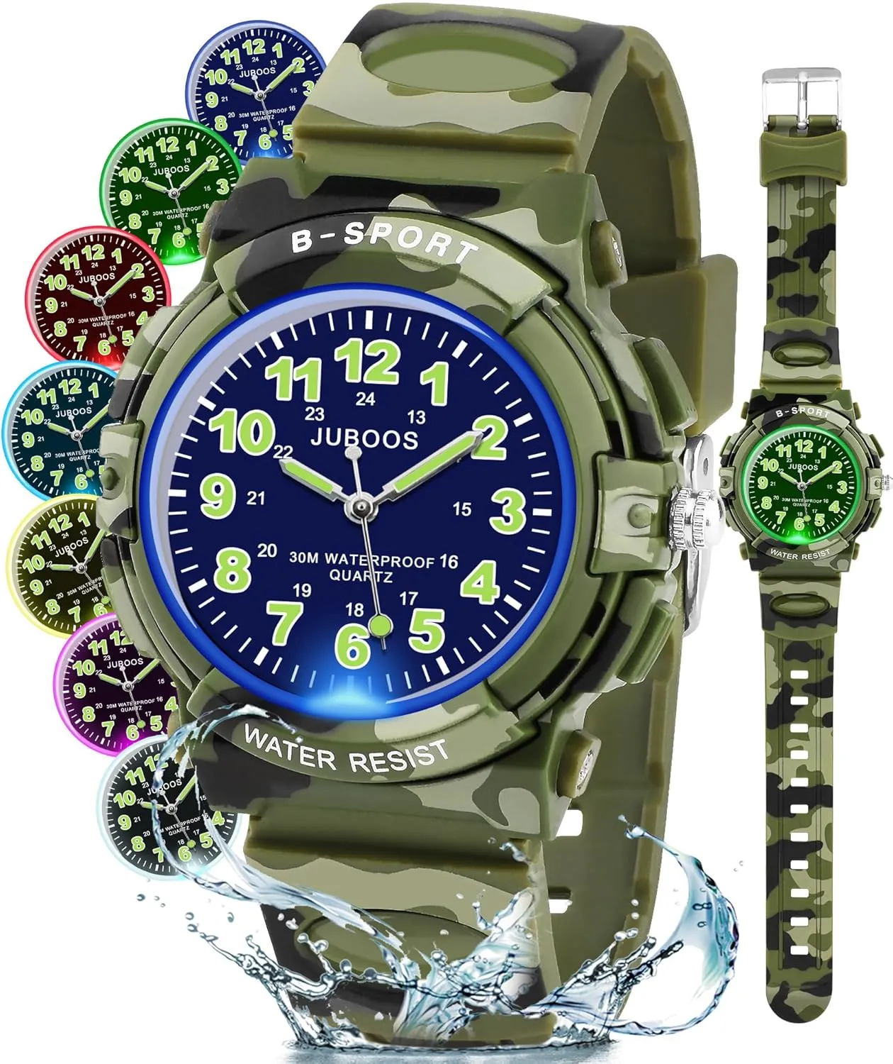 Juboos Kids Watch Analog with 7 Colorful Night Lights Boys Girls Waterproof Soft Strap Kids Time Teaching Quartz Wristwatch for Ages 5-18