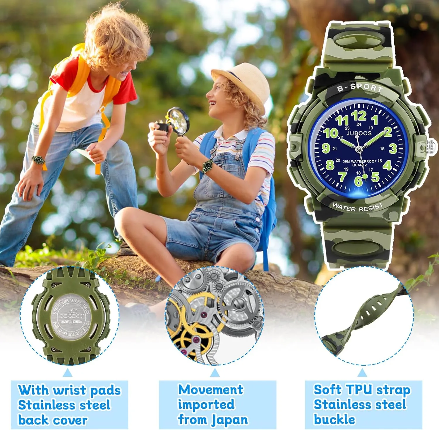Juboos Kids Watch Analog with 7 Colorful Night Lights Boys Girls Waterproof Soft Strap Kids Time Teaching Quartz Wristwatch for Ages 5-18