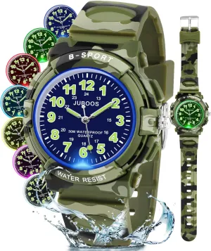 Juboos Kids Watch Analog with 7 Colorful Night Lights Boys Girls Waterproof Soft Strap Kids Time Teaching Quartz Wristwatch for Ages 5-18