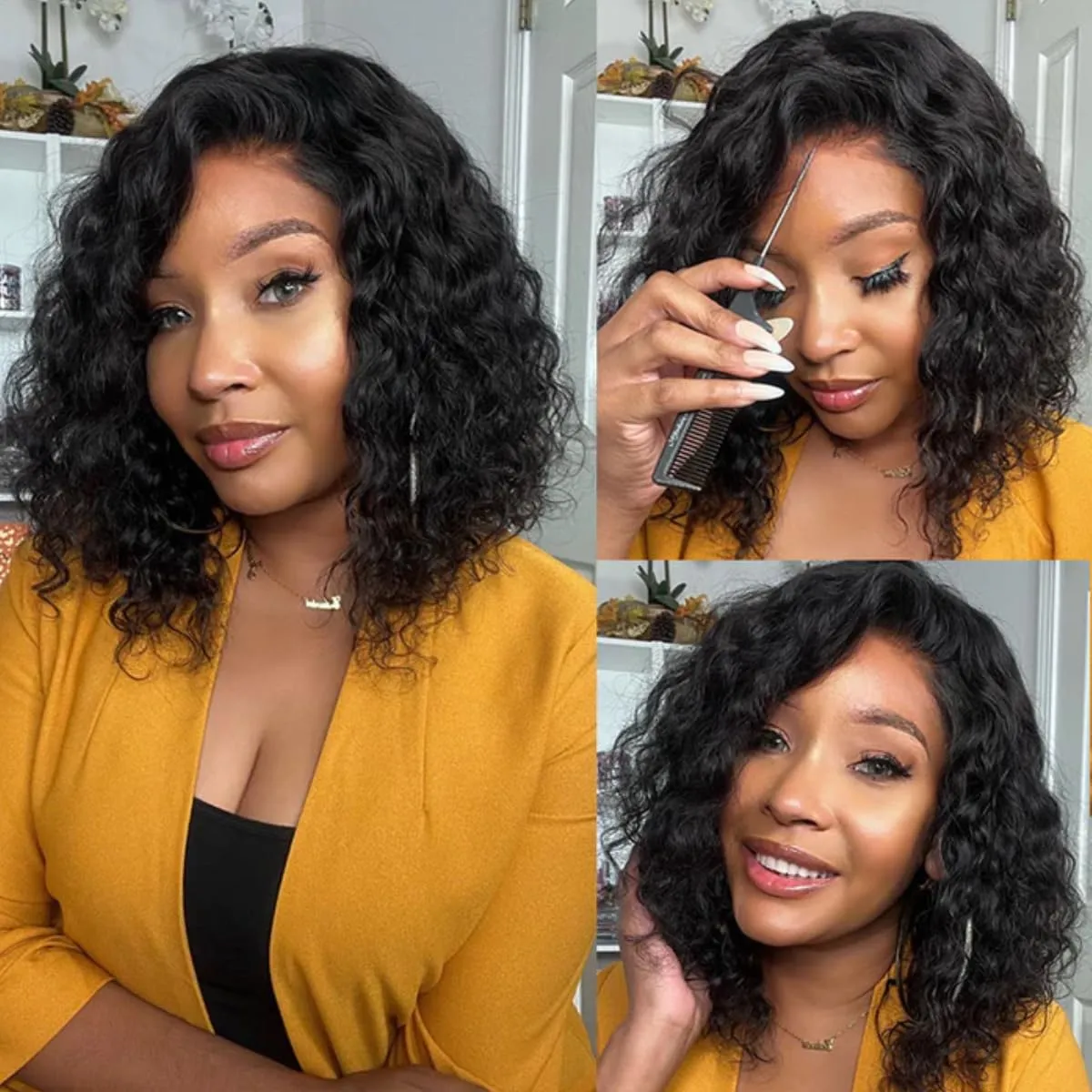 Julia Hair 12 Inch Short Bob Wigs Human Hair Glueless Wigs Pre Plucked For Beginners Water Wave Pre Cut Lace Bob Wig 12A Brazilian Hair 7x5 Lace Front Wigs Bleach Knots Wear and Go