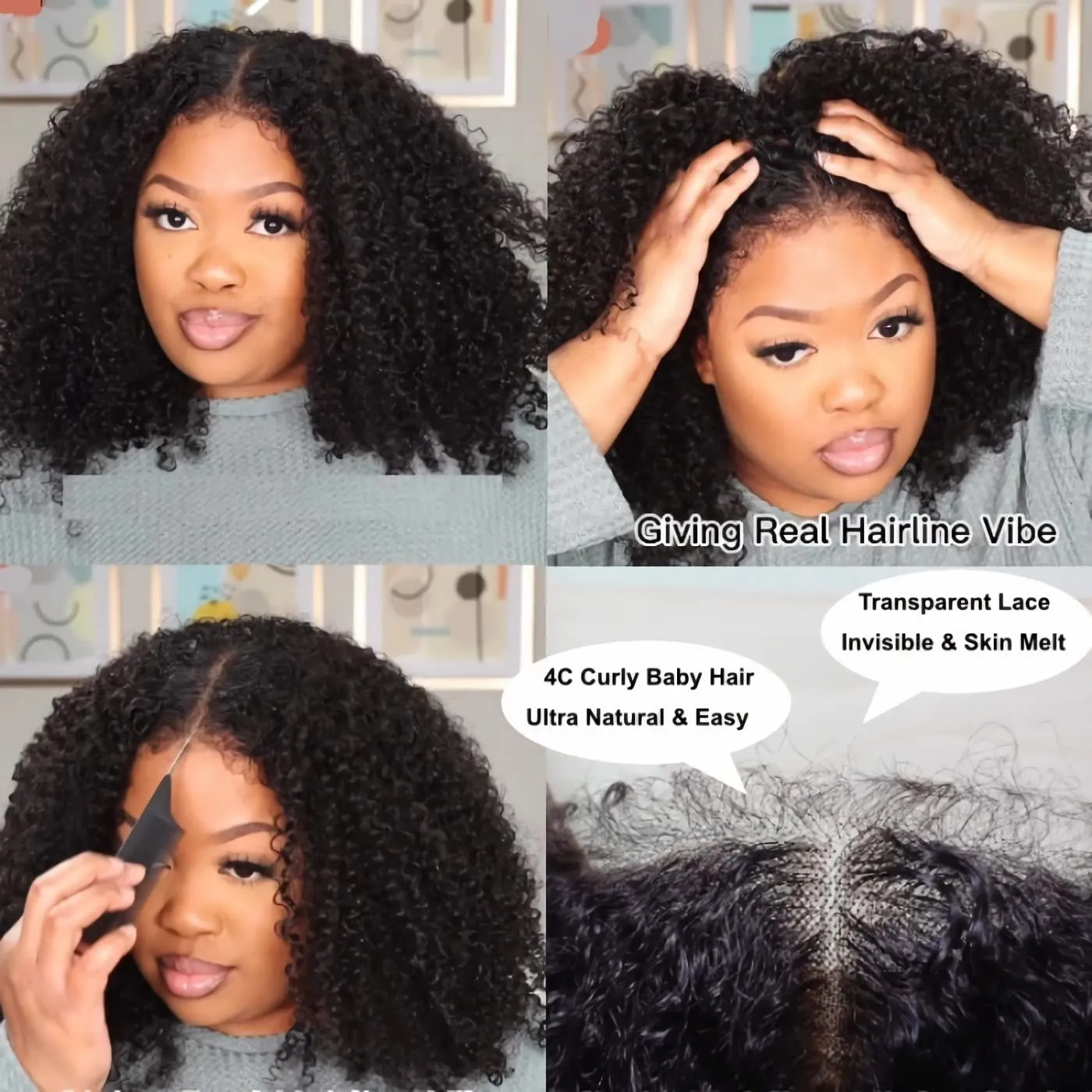 Julia Hair Bye Bye Knots Curly 4C Baby Hairs Lace Human Wig with Kinky Edges Hairline 7x5 Invisible Knots Pre Cut HD Lace Front Glueless Wig Pre Bleached Pre Plucked for Beginners 150% Density 22 Inch