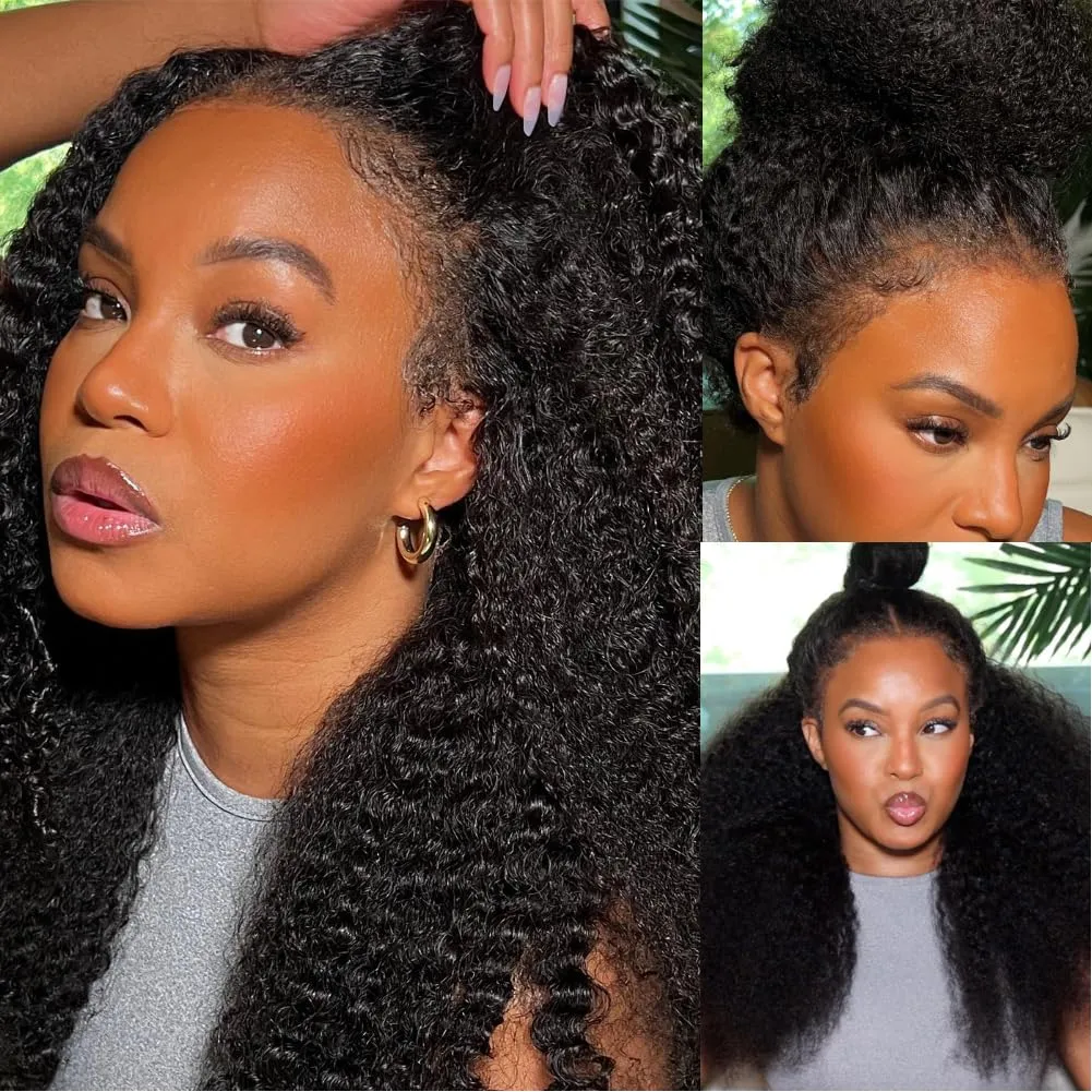 Julia Hair Bye Bye Knots Curly 4C Baby Hairs Lace Human Wig with Kinky Edges Hairline 7x5 Invisible Knots Pre Cut HD Lace Front Glueless Wig Pre Bleached Pre Plucked for Beginners 150% Density 22 Inch