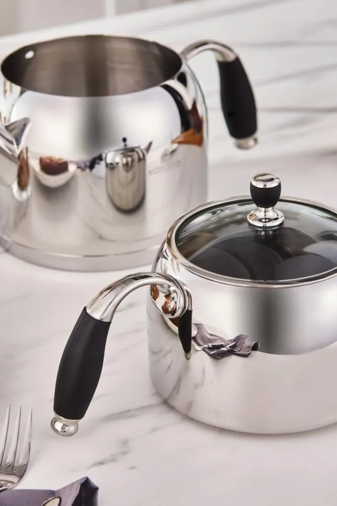 Karaca Stella Stainless Steel Turkish Teapot Set, 1L Tea Pot & 2L Water Tank (Kettle), Stove Top/Induction Compatible, Elegant Silver Color, Easy to Clean, Heat-Resistant Handles