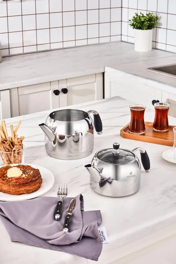 Karaca Stella Stainless Steel Turkish Teapot Set, 1L Tea Pot & 2L Water Tank (Kettle), Stove Top/Induction Compatible, Elegant Silver Color, Easy to Clean, Heat-Resistant Handles