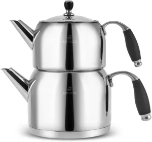 Karaca Stella Stainless Steel Turkish Teapot Set, 1L Tea Pot & 2L Water Tank (Kettle), Stove Top/Induction Compatible, Elegant Silver Color, Easy to Clean, Heat-Resistant Handles