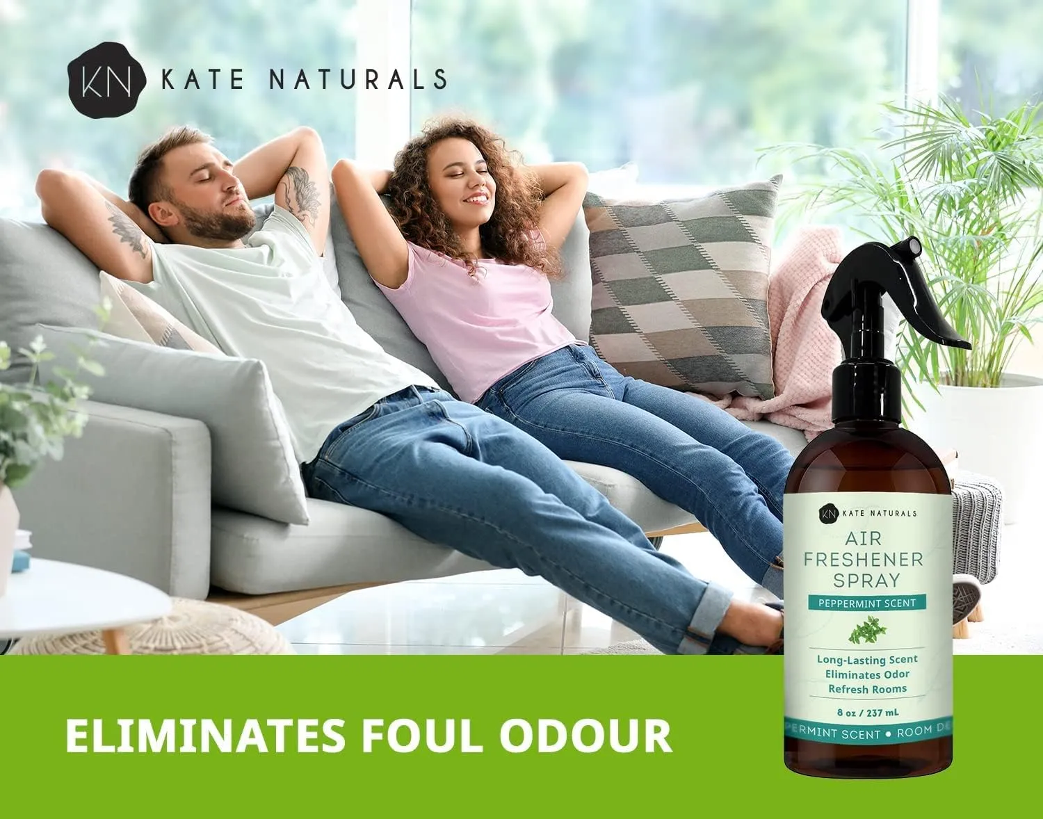 Kate Naturals Peppermint Air Freshener Spray for Room & Car with Natural Mint. Peppermint Spray for Bathroom & Linen (8 fl oz, Pet Safe, Non Toxic)
