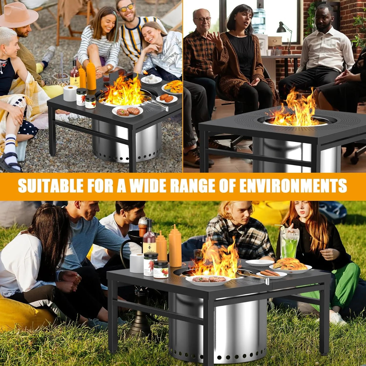 KEESHA Fire Pit Surround Tabletop for Solo Stove Bonfire, Ranger and Other Wood Burning Fire Pit, Outdoor Powder-Coated Square Fire Pit Table with Dust Cover, 38 Inch
