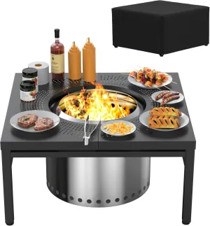 KEESHA Fire Pit Surround Tabletop for Solo Stove Bonfire, Ranger and Other Wood Burning Fire Pit, Outdoor Powder-Coated Square Fire Pit Table with Dust Cover, 38 Inch