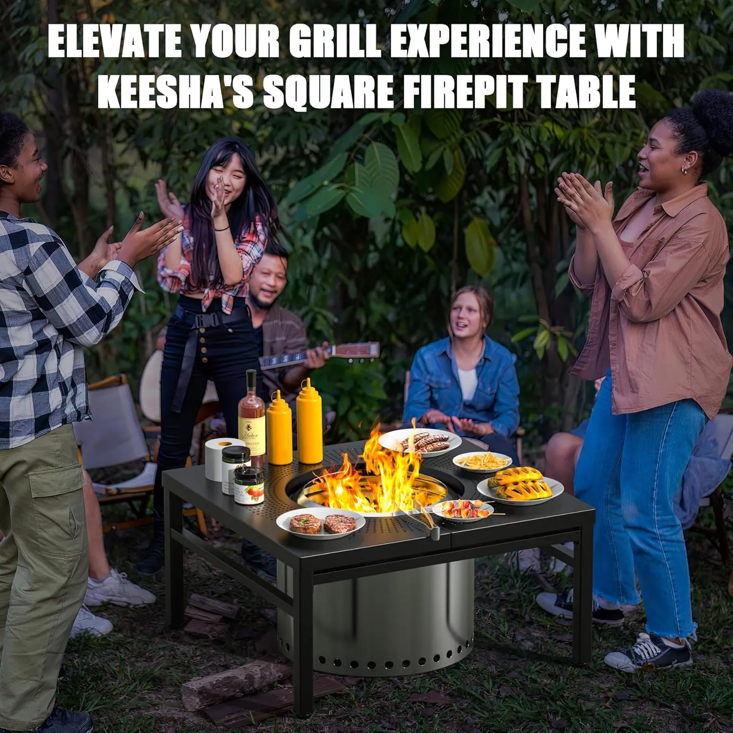KEESHA Fire Pit Surround Tabletop for Solo Stove Bonfire, Ranger and Other Wood Burning Fire Pit, Outdoor Powder-Coated Square Fire Pit Table with Dust Cover, 38 Inch