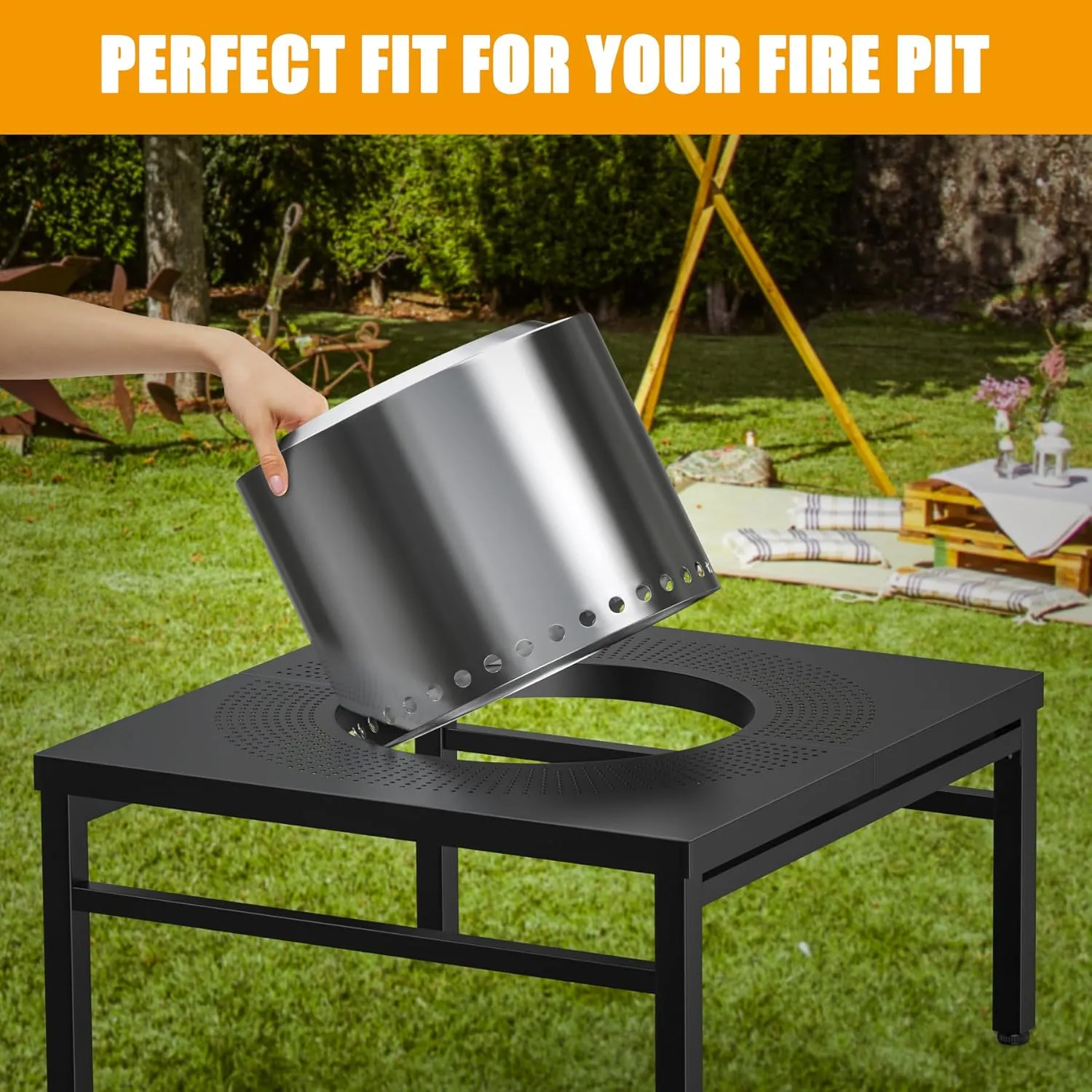 KEESHA Fire Pit Surround Tabletop for Solo Stove Bonfire, Ranger and Other Wood Burning Fire Pit, Outdoor Powder-Coated Square Fire Pit Table with Dust Cover, 38 Inch