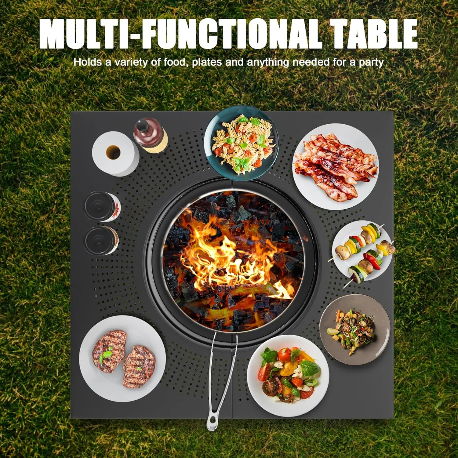 KEESHA Fire Pit Surround Tabletop for Solo Stove Bonfire, Ranger and Other Wood Burning Fire Pit, Outdoor Powder-Coated Square Fire Pit Table with Dust Cover, 38 Inch