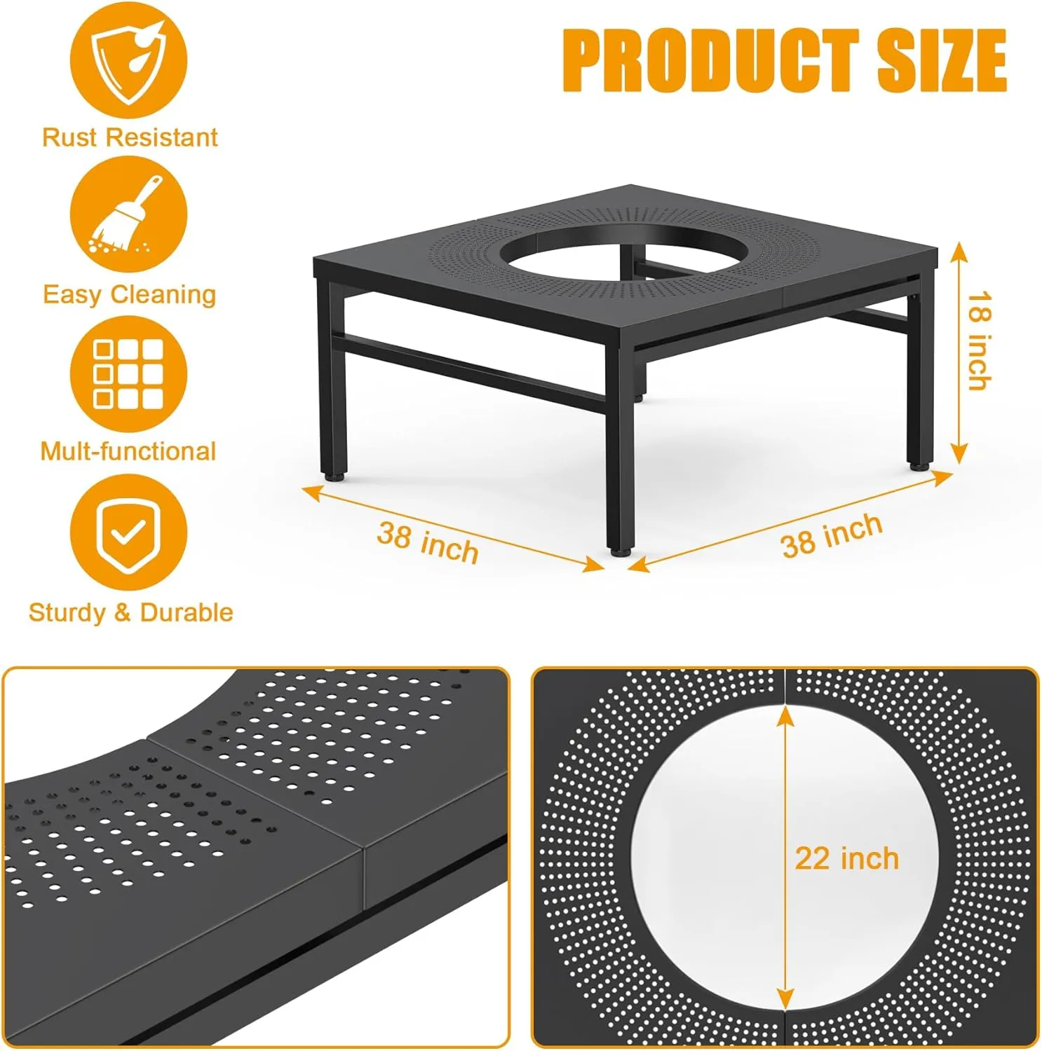 KEESHA Fire Pit Surround Tabletop for Solo Stove Bonfire, Ranger and Other Wood Burning Fire Pit, Outdoor Powder-Coated Square Fire Pit Table with Dust Cover, 38 Inch