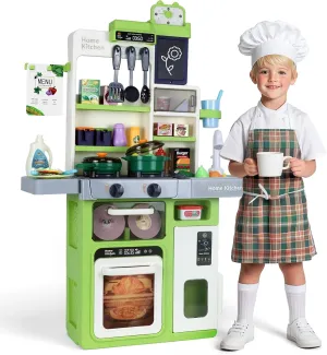 Kids Pretend Kitchen Playset with Electronic Stove, Steam & LED Lights – Interactive Toddler Kitchen Toy with Working Sink, Play Food & Accessories for Girls & Boys 3–8 Years (Green)