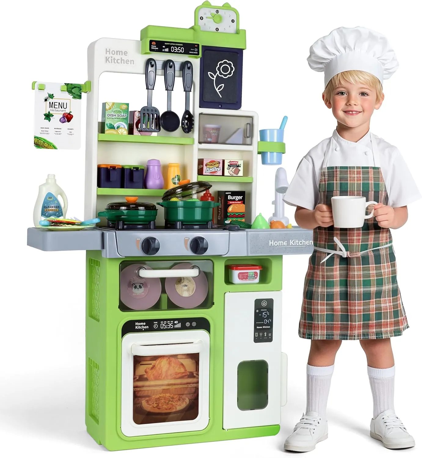 Kids Pretend Kitchen Playset with Electronic Stove, Steam & LED Lights – Interactive Toddler Kitchen Toy with Working Sink, Play Food & Accessories for Girls & Boys 3–8 Years (Green)