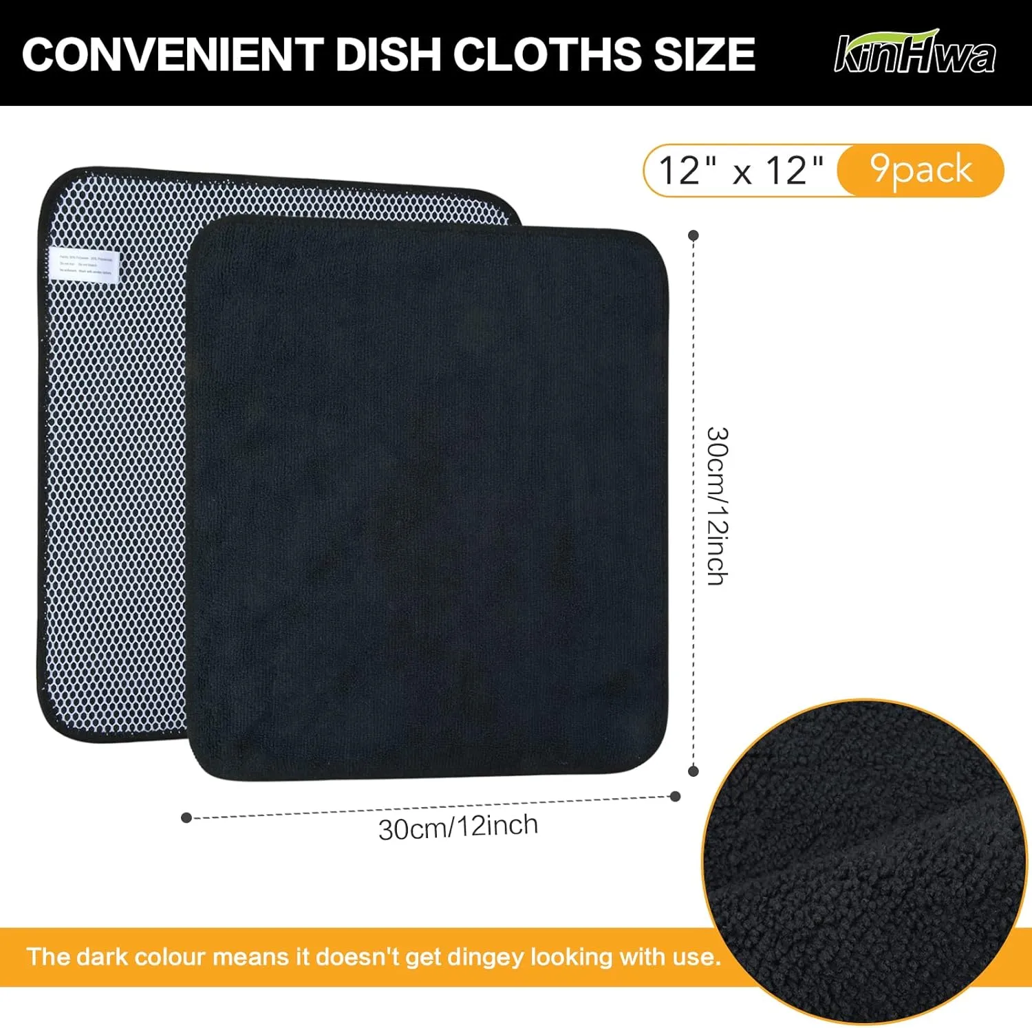 KinHwa Kitchen Washcloths for Dishes Absorbent Microfiber Dish Cloths Quick Dry Dish Rags with Poly Scour Scrub Side Ideal for Kitchen Cleaning and Housekeeping (Black, 12inchx12inch 9 Pack)
