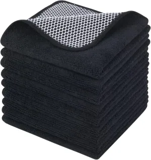 KinHwa Kitchen Washcloths for Dishes Absorbent Microfiber Dish Cloths Quick Dry Dish Rags with Poly Scour Scrub Side Ideal for Kitchen Cleaning and Housekeeping (Black, 12inchx12inch 9 Pack)