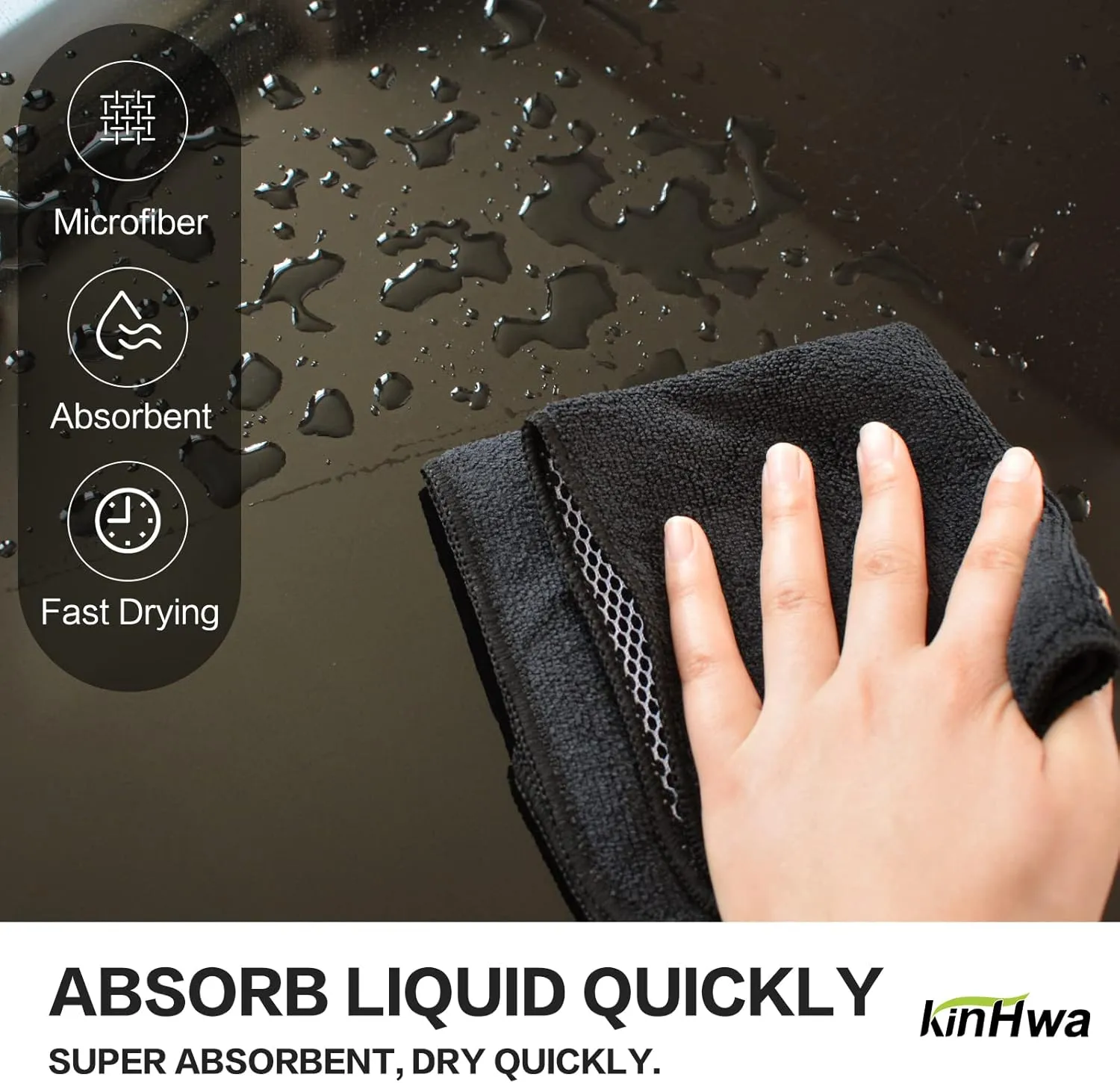 KinHwa Kitchen Washcloths for Dishes Absorbent Microfiber Dish Cloths Quick Dry Dish Rags with Poly Scour Scrub Side Ideal for Kitchen Cleaning and Housekeeping (Black, 12inchx12inch 9 Pack)
