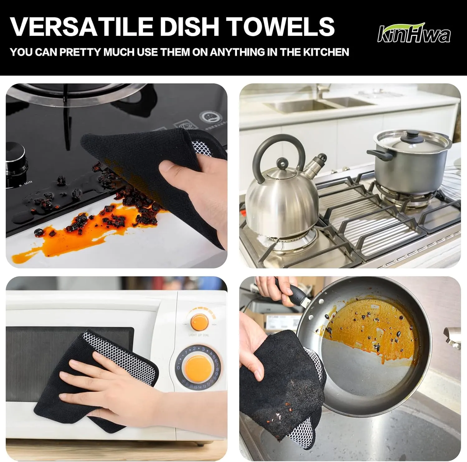 KinHwa Kitchen Washcloths for Dishes Absorbent Microfiber Dish Cloths Quick Dry Dish Rags with Poly Scour Scrub Side Ideal for Kitchen Cleaning and Housekeeping (Black, 12inchx12inch 9 Pack)