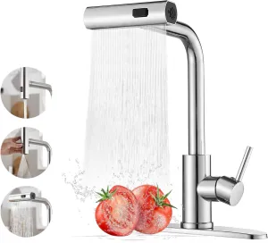 Kitchen Faucets with Pull Down Sprayer,Waterfall Kitchen Sink Faucet,Commercial Utility Stainless Steel Kitchen Faucets,Single Handle Kitchen Sink Faucet with Pull Down Sprayer for 3 Function