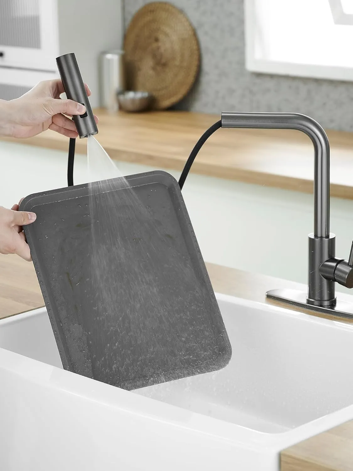 Kitchen Faucets with Pull Down Sprayer,Waterfall Kitchen Sink Faucet,Commercial Utility Stainless Steel Kitchen Faucets,Single Handle Kitchen Sink Faucet with Pull Down Sprayer for 3 Function,Grey