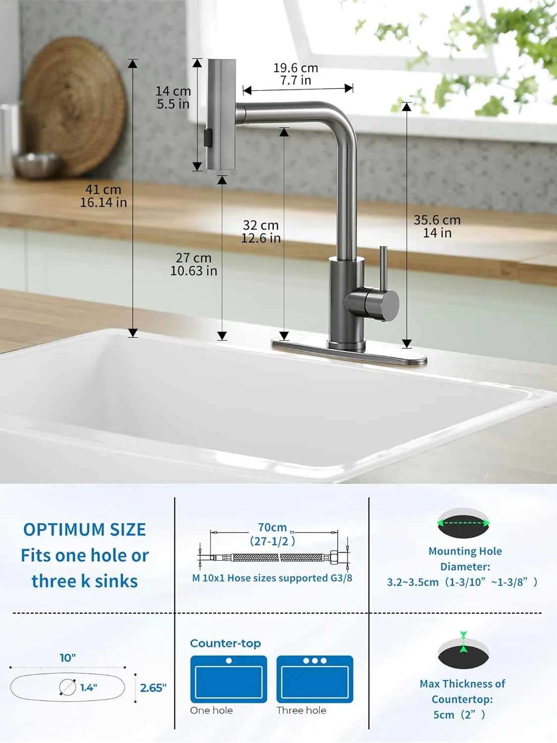 Kitchen Faucets with Pull Down Sprayer,Waterfall Kitchen Sink Faucet,Commercial Utility Stainless Steel Kitchen Faucets,Single Handle Kitchen Sink Faucet with Pull Down Sprayer for 3 Function,Grey