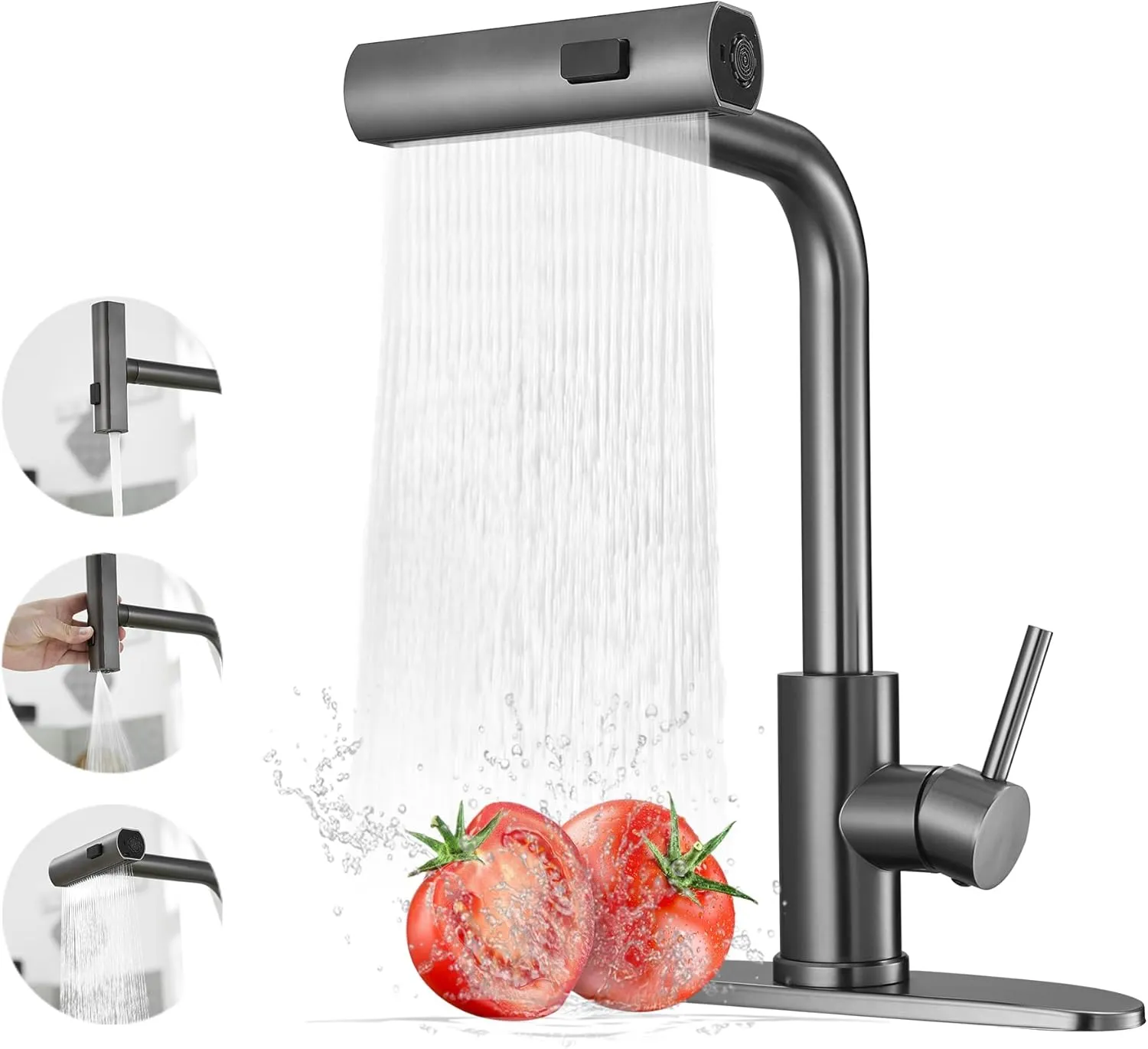 Kitchen Faucets with Pull Down Sprayer,Waterfall Kitchen Sink Faucet,Commercial Utility Stainless Steel Kitchen Faucets,Single Handle Kitchen Sink Faucet with Pull Down Sprayer for 3 Function,Grey