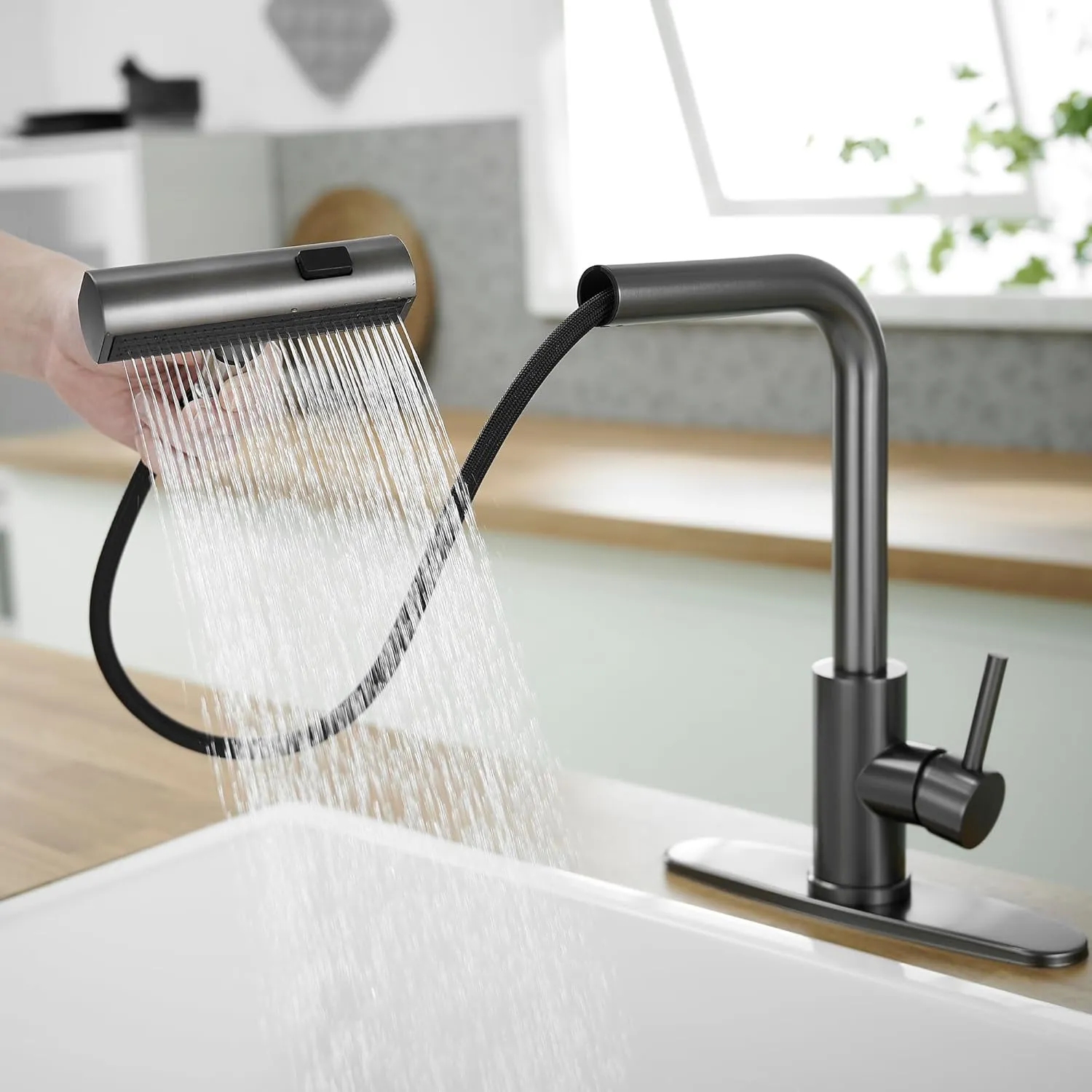 Kitchen Faucets with Pull Down Sprayer,Waterfall Kitchen Sink Faucet,Commercial Utility Stainless Steel Kitchen Faucets,Single Handle Kitchen Sink Faucet with Pull Down Sprayer for 3 Function,Grey