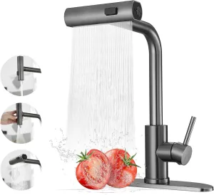 Kitchen Faucets with Pull Down Sprayer,Waterfall Kitchen Sink Faucet,Commercial Utility Stainless Steel Kitchen Faucets,Single Handle Kitchen Sink Faucet with Pull Down Sprayer for 3 Function,Grey