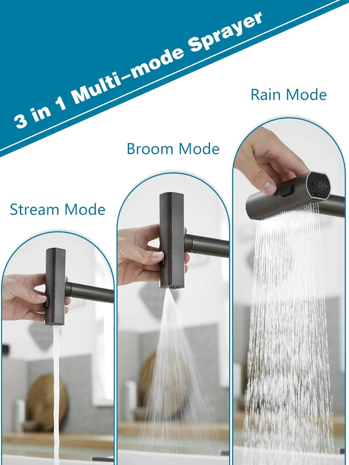 Kitchen Faucets with Pull Down Sprayer,Waterfall Kitchen Sink Faucet,Commercial Utility Stainless Steel Kitchen Faucets,Single Handle Kitchen Sink Faucet with Pull Down Sprayer for 3 Function,Grey