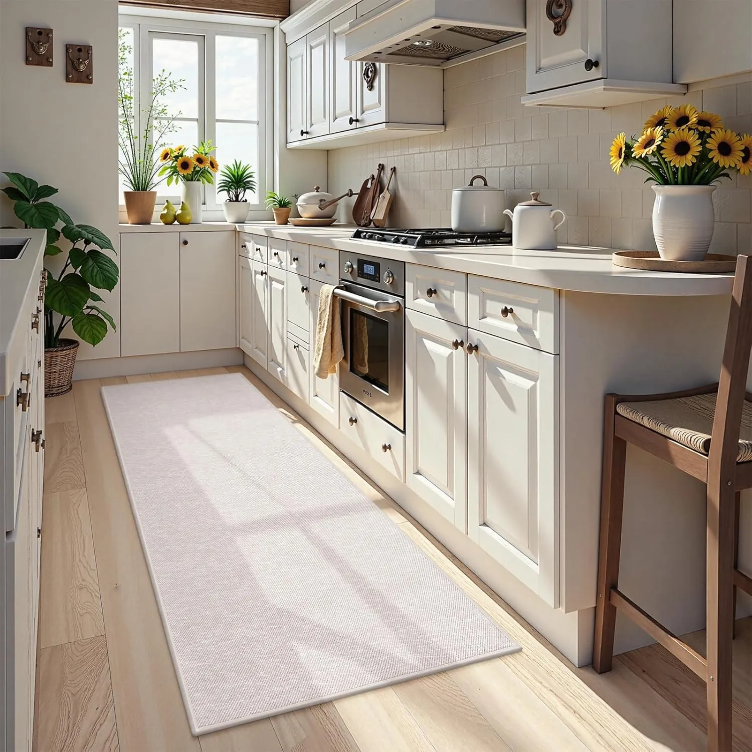 Kitchen Mats for Floor 30"x70", Farmhouse Kitchen Runner Rug Non Skid Washable, Absorbent Low-Pile Padded Carpet Runners for Front of Sink(Beige & Pink)