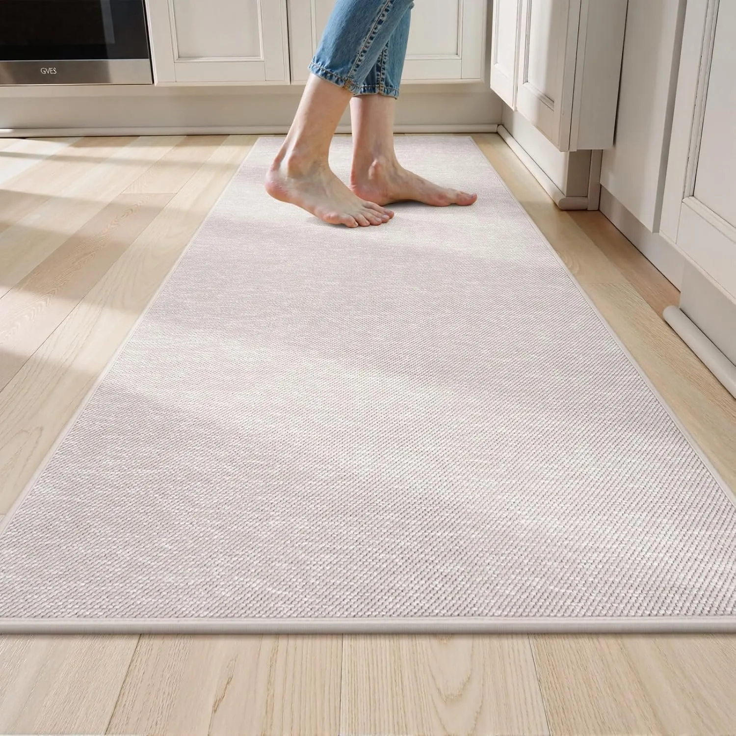 Kitchen Mats for Floor 30"x70", Farmhouse Kitchen Runner Rug Non Skid Washable, Absorbent Low-Pile Padded Carpet Runners for Front of Sink(Beige & Pink)