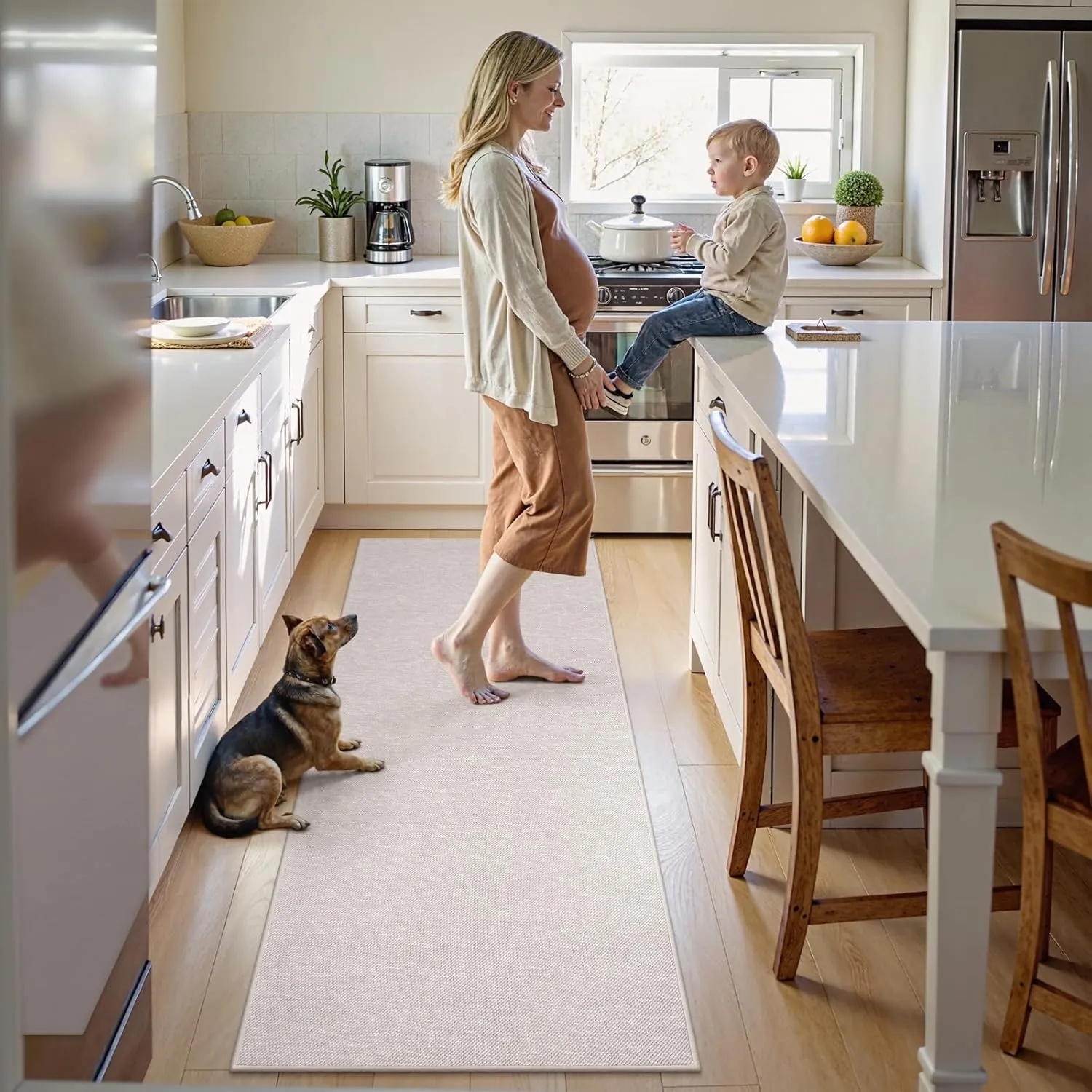 Kitchen Mats for Floor 30"x70", Farmhouse Kitchen Runner Rug Non Skid Washable, Absorbent Low-Pile Padded Carpet Runners for Front of Sink(Beige & Pink)