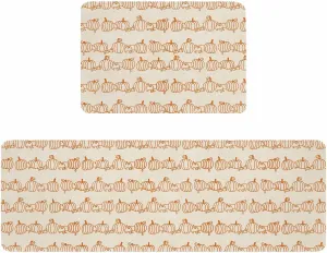 Kitchen Rugs and Mats, Thanksgiving Orange Pumpkin 2 Piece Area Runner Rug Set Comfort Standing Floor Mat, Lines Vintage Linen Texture Non Slip Absorbent Doormats for Laundry/Bathroom/Bedroom