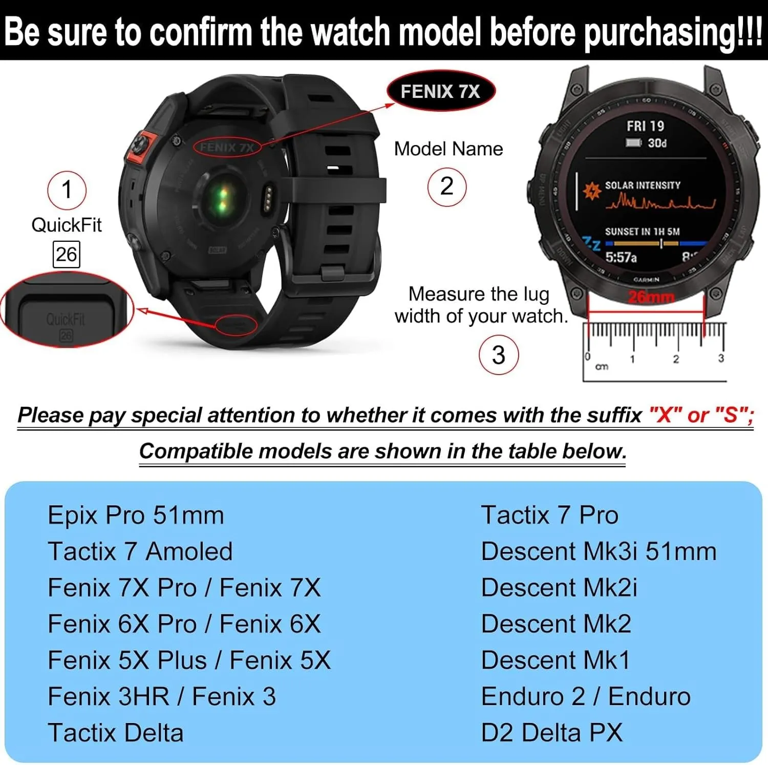 KLVN 26mm Watch Band，For Garmin Fenix 7X Pro Epix Pro 51mm Fenix 6X Watch Strap Fenix 5X Plus Silicone Wristband Fenix 6X Pro Descent Mk2i MK3i 51mm Smartwatch WristBand