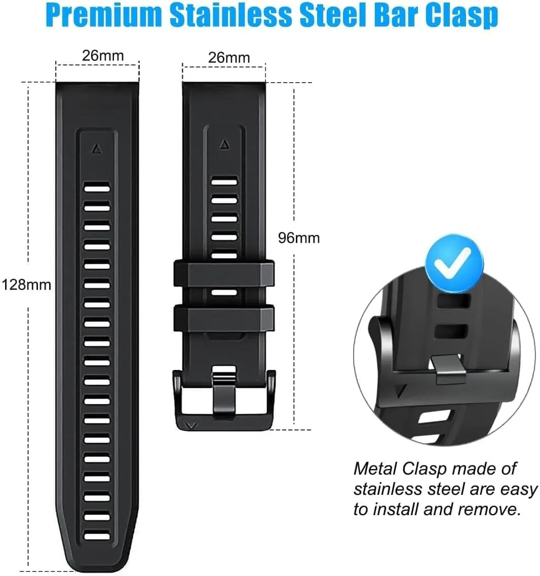 KLVN 26mm Watch Band，For Garmin Fenix 7X Pro Epix Pro 51mm Fenix 6X Watch Strap Fenix 5X Plus Silicone Wristband Fenix 6X Pro Descent Mk2i MK3i 51mm Smartwatch WristBand