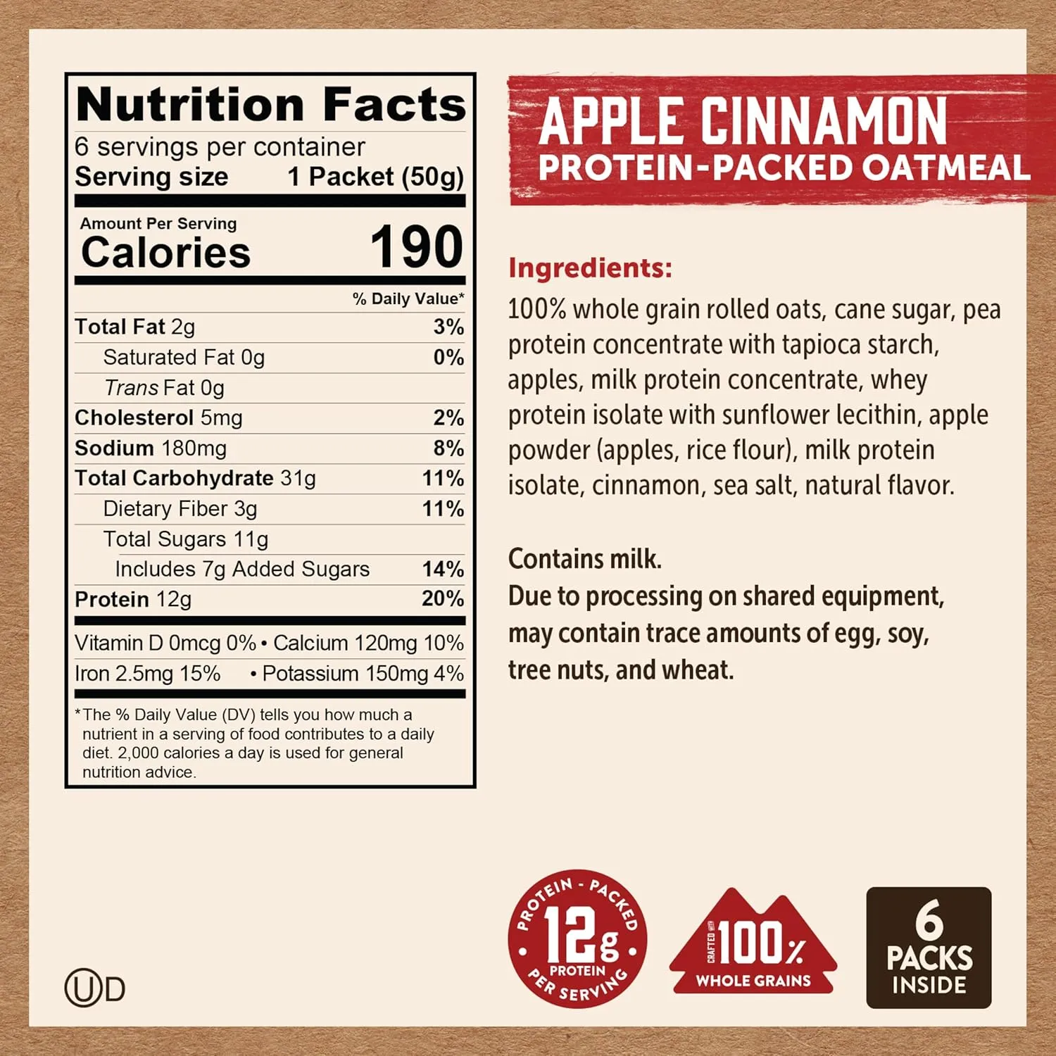 Kodiak Cakes Instant Oatmeal Packets, Apple Cinnamon, High Protein, 100% Whole Grains, 6 boxes with 6 packets each (36 packets)