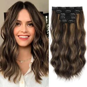 KooKaStyle Clip in Hair Extensions 6PCS Short Synthetic Hair Extensions Soft Wavy Curly Hairpieces Balayage Highlights Color for Women 14Inch(Balayage Dark Brown to Chestnut)