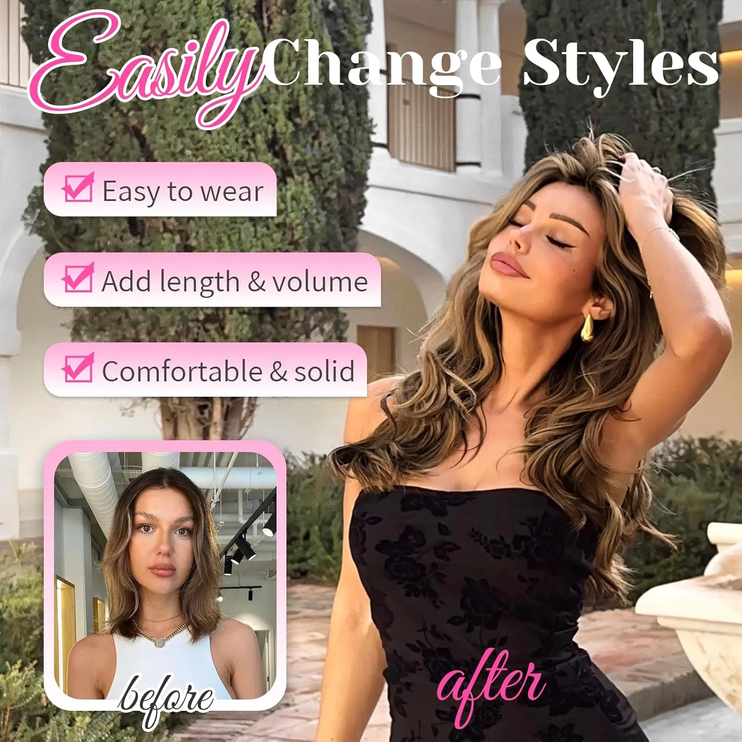 KooKaStyle Clip in Hair Extensions 6PCS Short Synthetic Hair Extensions Soft Wavy Curly Hairpieces Balayage Highlights Color for Women 14Inch(Balayage Dark Brown to Chestnut)