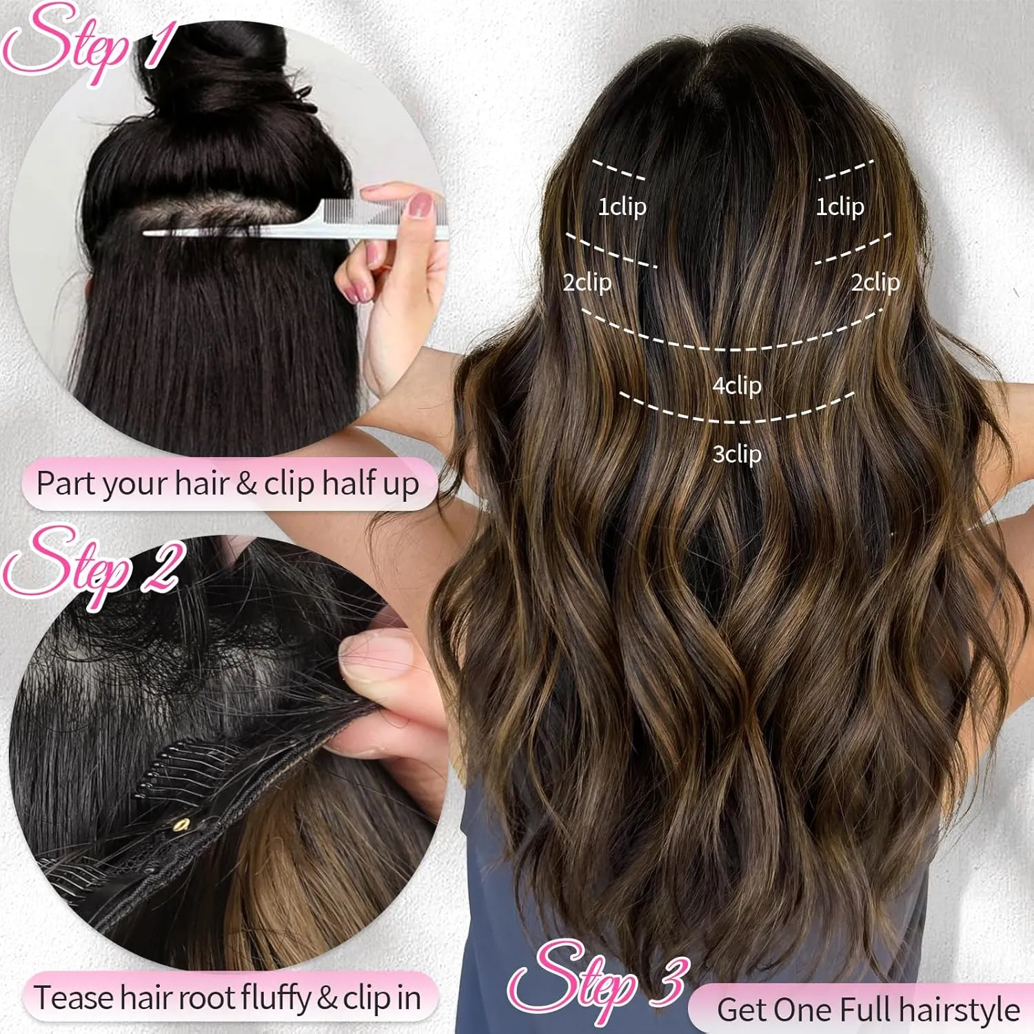 KooKaStyle Clip in Hair Extensions 6PCS Short Synthetic Hair Extensions Soft Wavy Curly Hairpieces Balayage Highlights Color for Women 14Inch(Balayage Dark Brown to Chestnut)