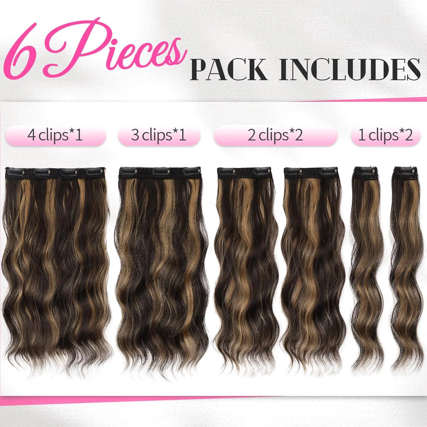 KooKaStyle Clip in Hair Extensions 6PCS Short Synthetic Hair Extensions Soft Wavy Curly Hairpieces Balayage Highlights Color for Women 14Inch(Balayage Dark Brown to Chestnut)