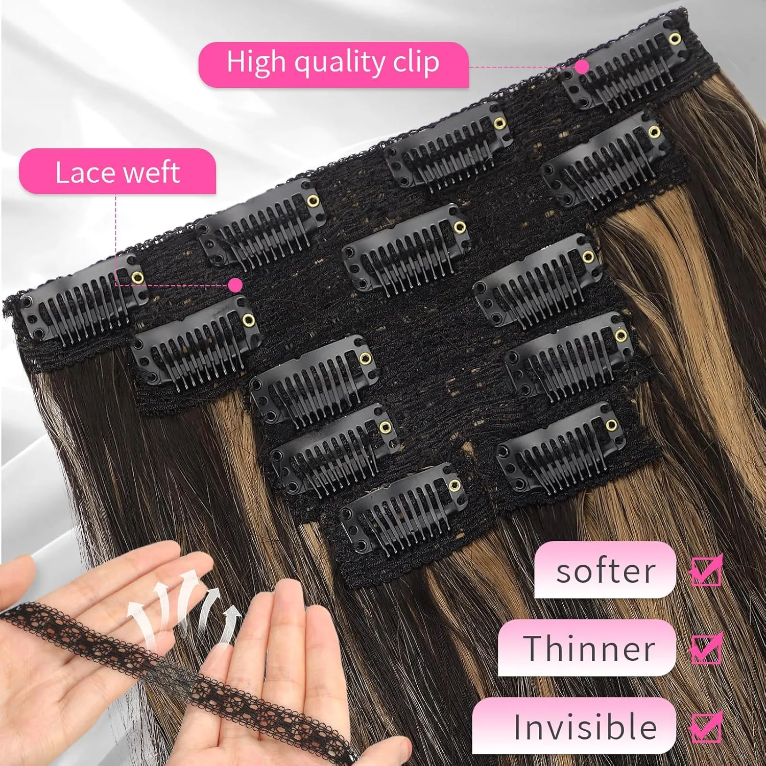KooKaStyle Clip in Hair Extensions 6PCS Short Synthetic Hair Extensions Soft Wavy Curly Hairpieces Balayage Highlights Color for Women 14Inch(Balayage Dark Brown to Chestnut)