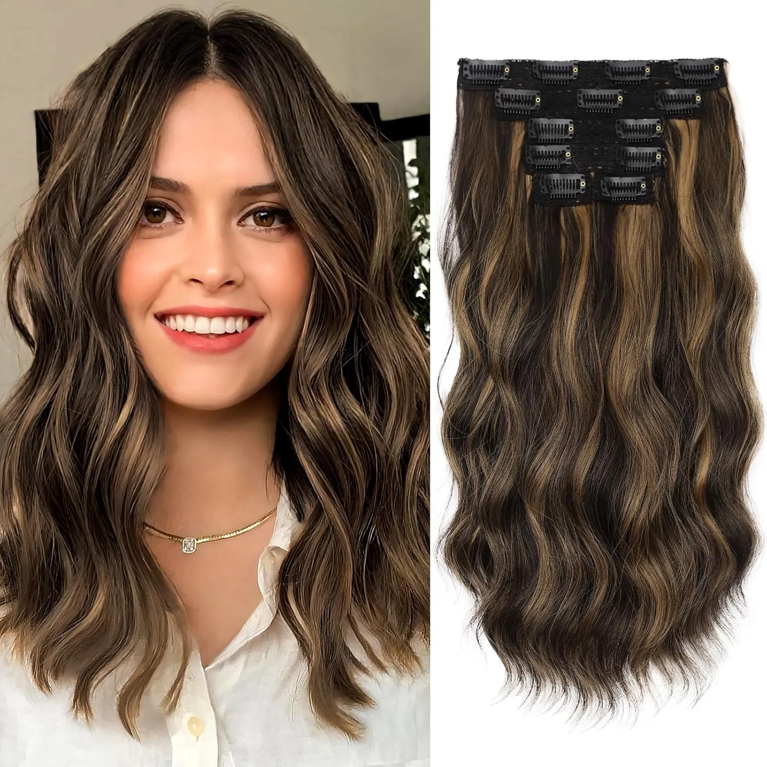 KooKaStyle Clip in Hair Extensions 6PCS Short Synthetic Hair Extensions Soft Wavy Curly Hairpieces Balayage Highlights Color for Women 14Inch(Balayage Dark Brown to Chestnut)